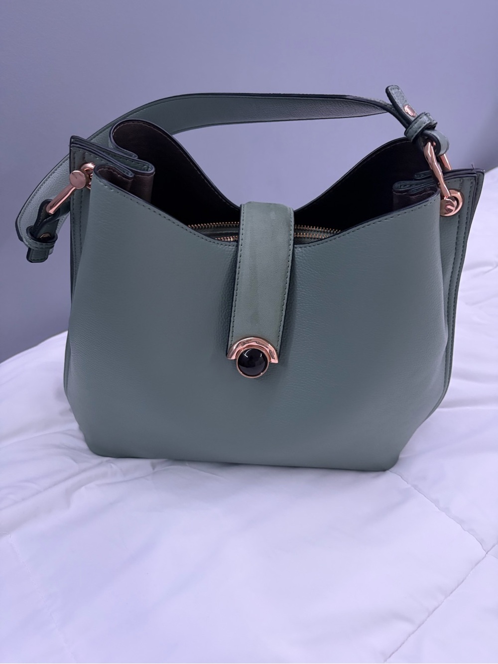 Elegant Luella Grey London Sage Green Leather Shoulder Bag with Rose Gold Accent